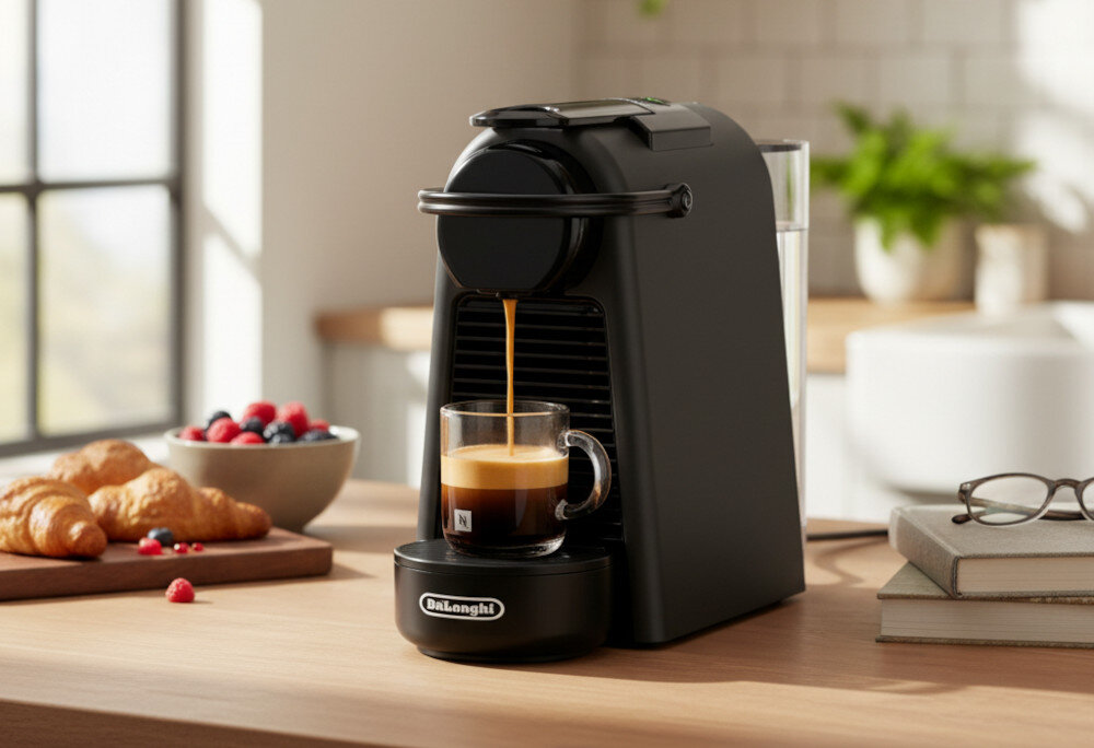 Czarny ekspres do kawy z logo \'DeLonghi\' nalewa kawę do przezroczystej filiżanki. W tle na blacie znajdują się croissanty, miska z owocami i okulary na książkach.