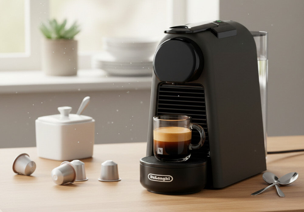 Na blacie stoi czarny ekspres do kawy z filiżanką espresso. Obok znajdują się kapsułki do kawy i łyżeczki, a na ekspresie widoczne jest logo \'DeLonghi\'.