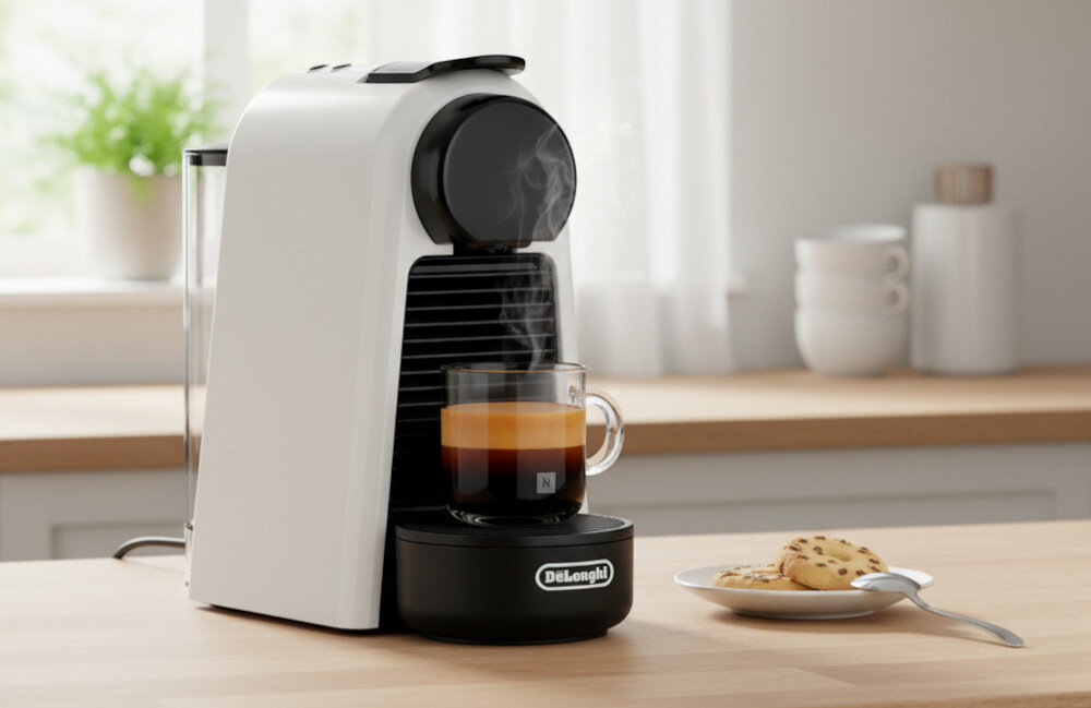 Na blacie kuchennym stoi biały ekspres do kawy z logo \'DeLonghi\', obok którego znajduje się filiżanka z parującą kawą. W tle widoczne są kubki i rośliny.