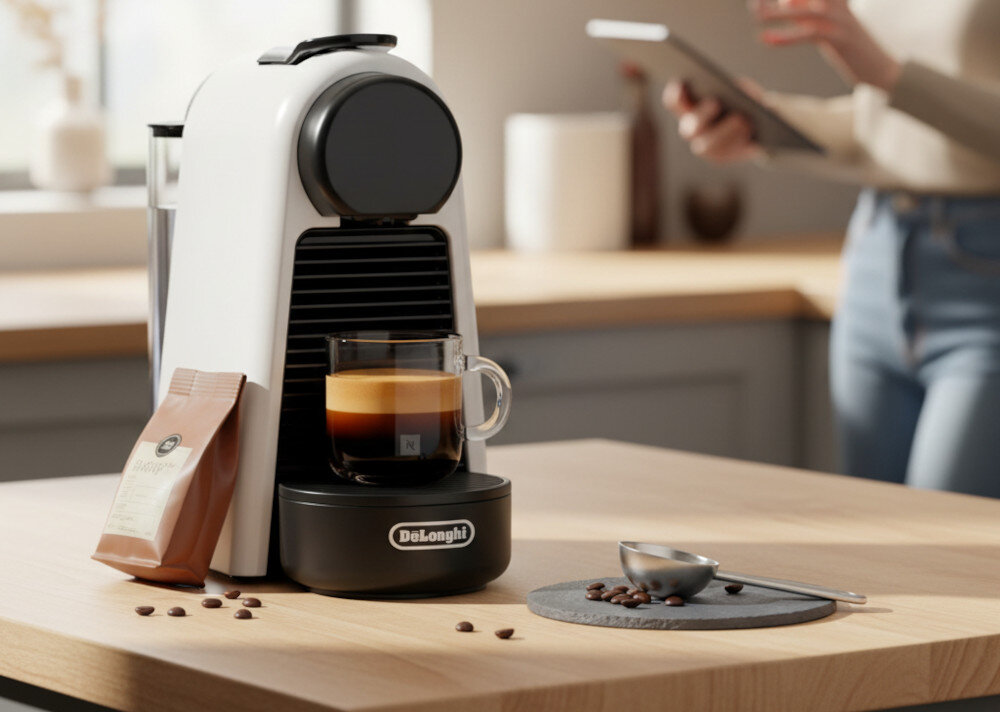 Na blacie kuchennym stoi biały ekspres do kawy z filiżanką espresso na podstawce z logo \'DeLonghi\'. Obok znajduje się opakowanie kawy, łyżeczka i kilka ziaren kawy.