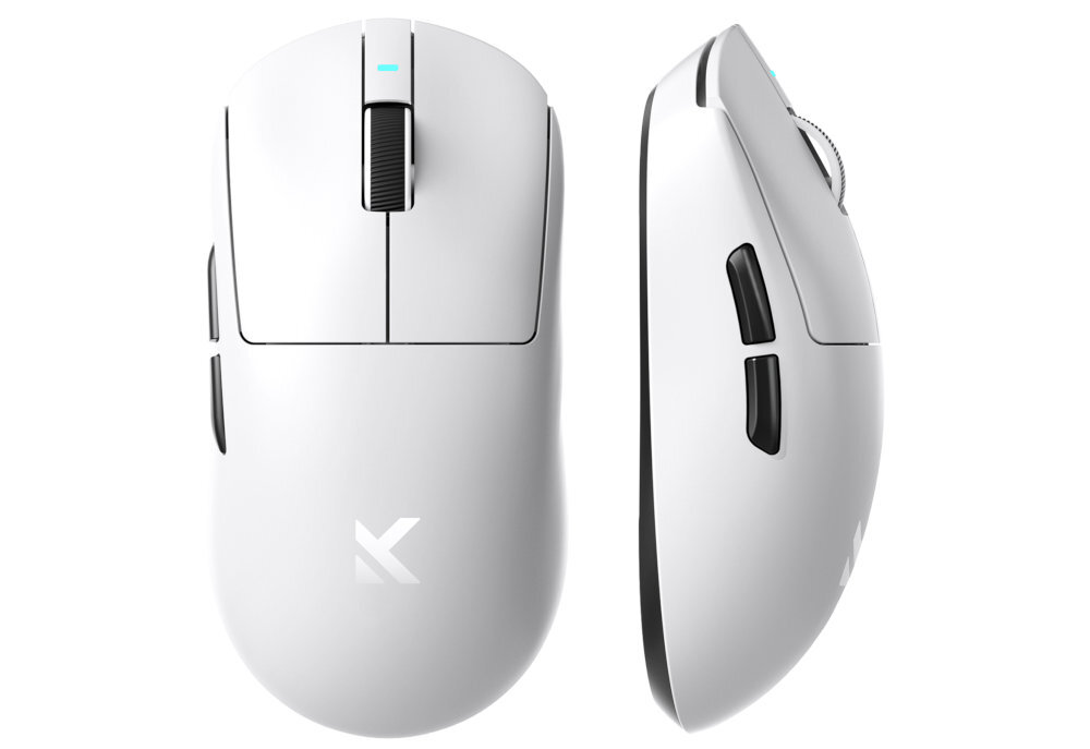 MCHOSE K7 Ultra symetryczna konstrukcja dłoni prawej, jak i lewej graczy leworęcznych - myszka gamingowa z bocznymi przyciskami przedstawiona z góry i z boku na białym tle