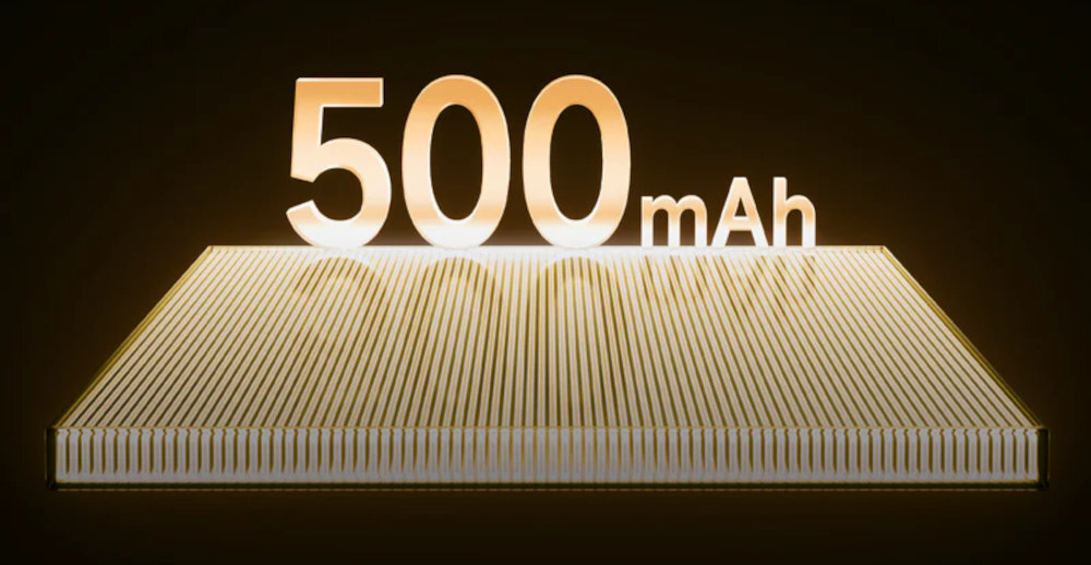 MCHOSE K7 Ultra bateria o pojemności 500 mAh 65 godzin grać i pracować bez przerw - Złoty napis 500 mAh umieszczony nad stylizowanym ogniwem baterii w ciemnej kolorystyce