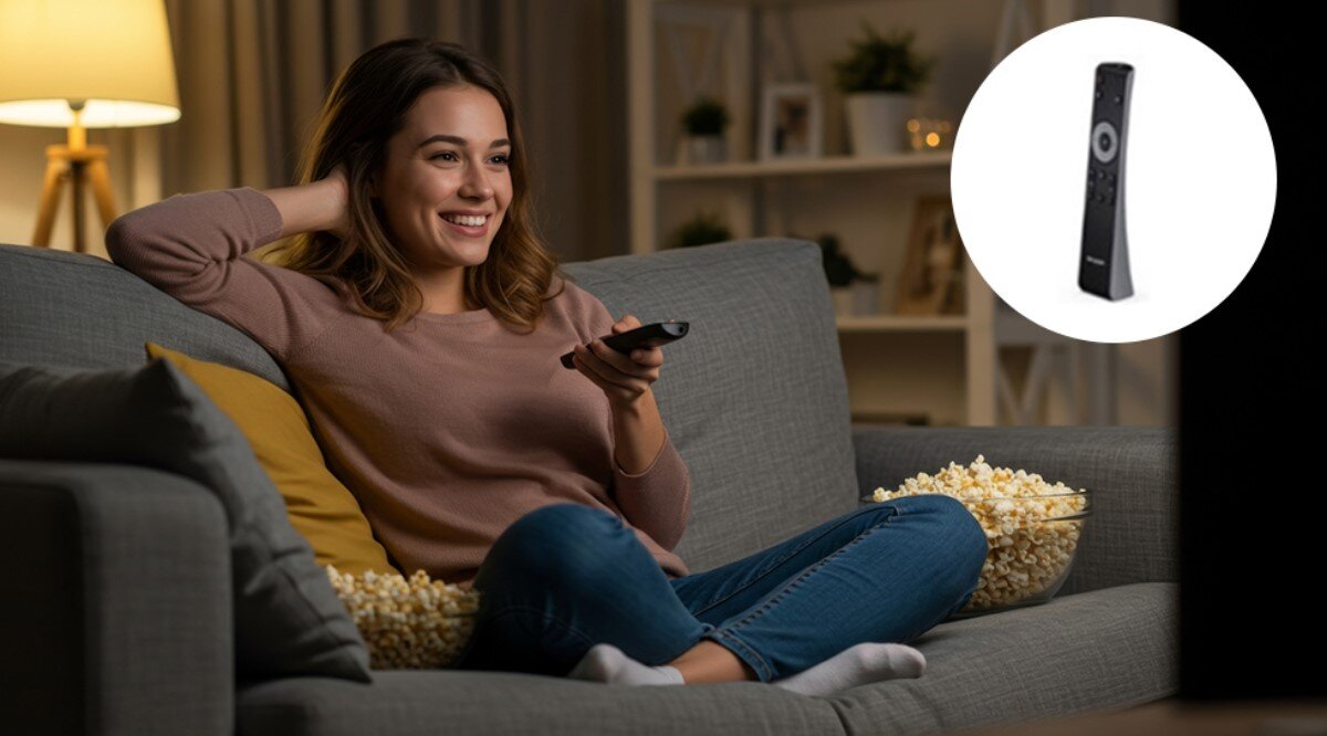 Soundbar SHARP HT-SB123 HDMI ARC CEC prosta obsługa pilotem, osoba trzymająca pilot w ręku