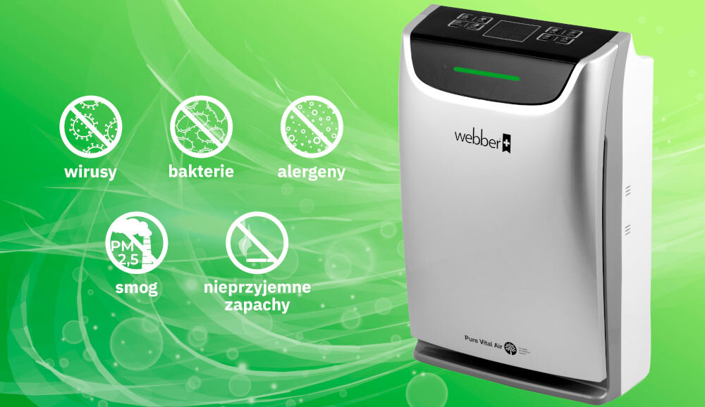 Oczyszczacz powietrza WEBBER AP9405B filtr HEPA 13 usuwa do 99,97% zanieczyszczeń PM2.5 wirusy bakterie pyłki kurz sierść zwierząt czyste i zdrowe powietrze precyzyjna filtracja na poziomie 0,3 mikrona skuteczna eliminacja szkodliwych cząsteczek poprawa komfortu moc 65 W kompaktowe wymiary 36 x 19 x 56 cm wpasowuje się w każde wnętrze 