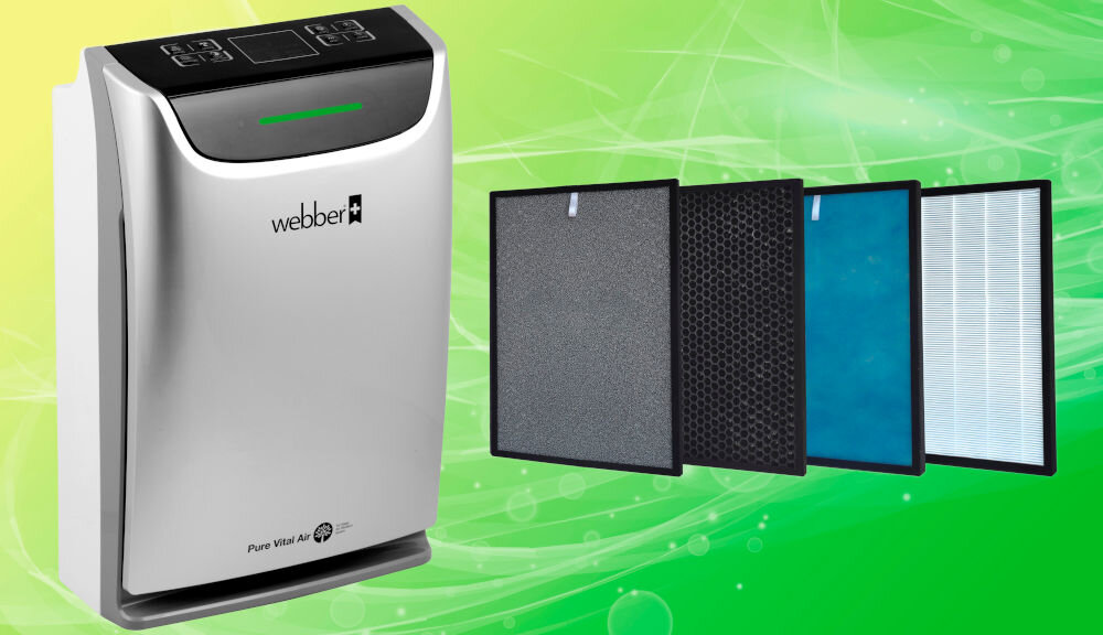 Oczyszczacz powietrza WEBBER AP9405B system filtracji szesć filtrów skuteczne usuwanie z powietrza zanieczyszczeń zimny filtr katalityczny neutralizacja szkodliwych związków chemicznych filtr węglowy eliminacja nieprzyjemnych zapachów filtr HEPA 13 zatrzymywanie mikrocząsteczek dodatkowe filtry antybakteryjne UV-C kompleksowa ochrona  
