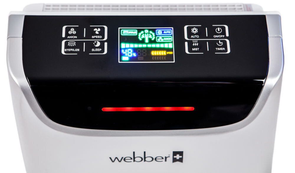 Oczyszczacz powietrza WEBBER AP9405B technologia True Lumos wykrywanie obecności pyłów zawieszonych PM 2.5 mniejsze cząsteczki automatyczne dostosowanie intensywności filtracji optymalna jakość powietrza wskazania jakości powietrza widoczne na przednim panelu sterowania monitorowanie stanu powietrza w czasie rzeczywistym zielony dobry stan pomarańczowy zły a czerwony bardzo zły 