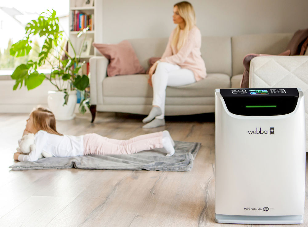 Oczyszczacz powietrza WEBBER AP9405B ultradźwiękowy nawilżacz powietrza wytwarzanie drobnej wodnej mgiełki poprawa wilgotności powietrza  odpowiednia wilgotność na poziomie 40-60 % komfort oddychania utrzymanie zdrowej atmosfery eliminacja nieprzyjemnych skutków suchego powietrza 