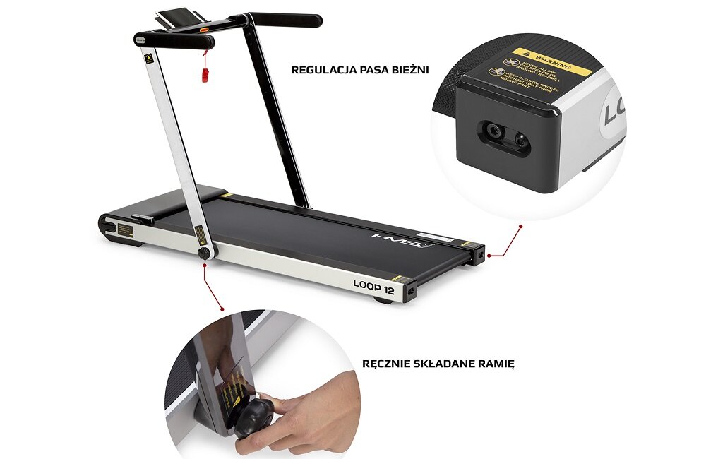 domowa bieżnia elektryczna HMS LOOP12 Komfort użytkowania Maksymalna waga użytkownika dostosowanie prędkości Szeroki pas biegowy