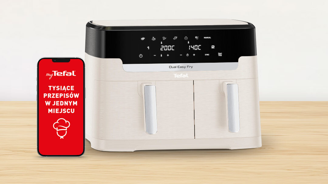 Frytkownica beztłuszczowa Tefal Dual Easy Fry XXL EY942 na jasnym kuchennym blacie.