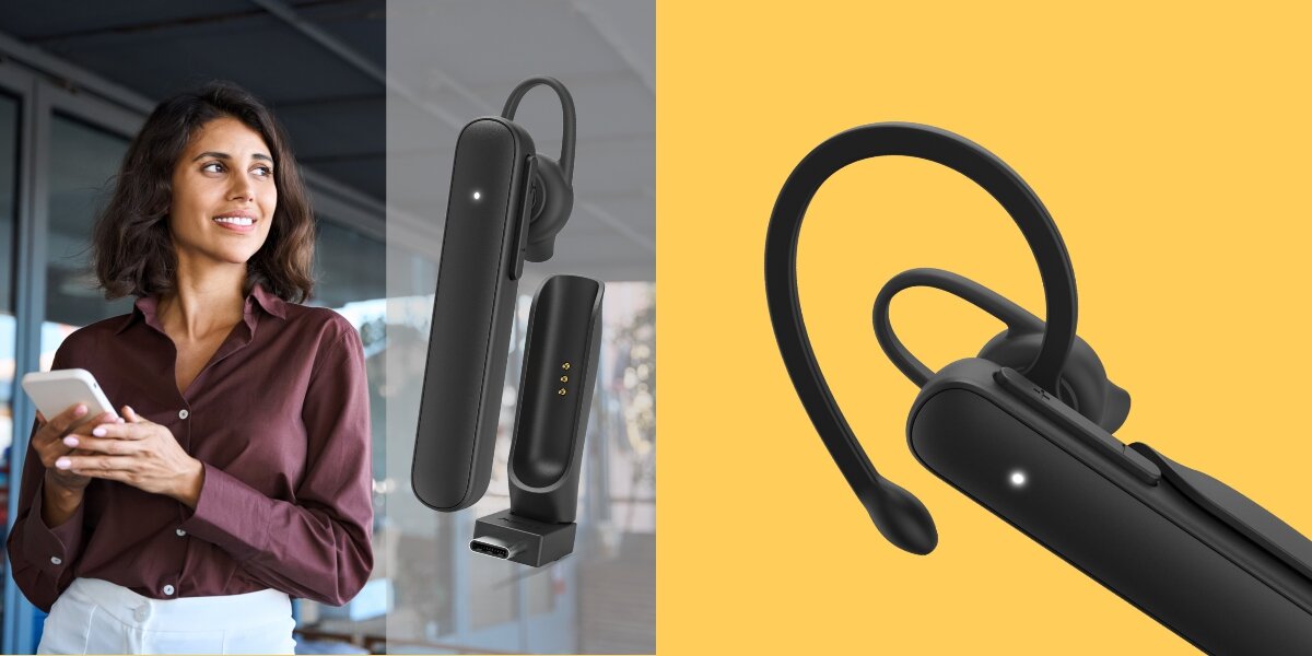 Słuchawka HAMA mono MyVoice Station - Dwa telefony? Żaden problem, multipoint, osoba trzymająca smartfon w ręku