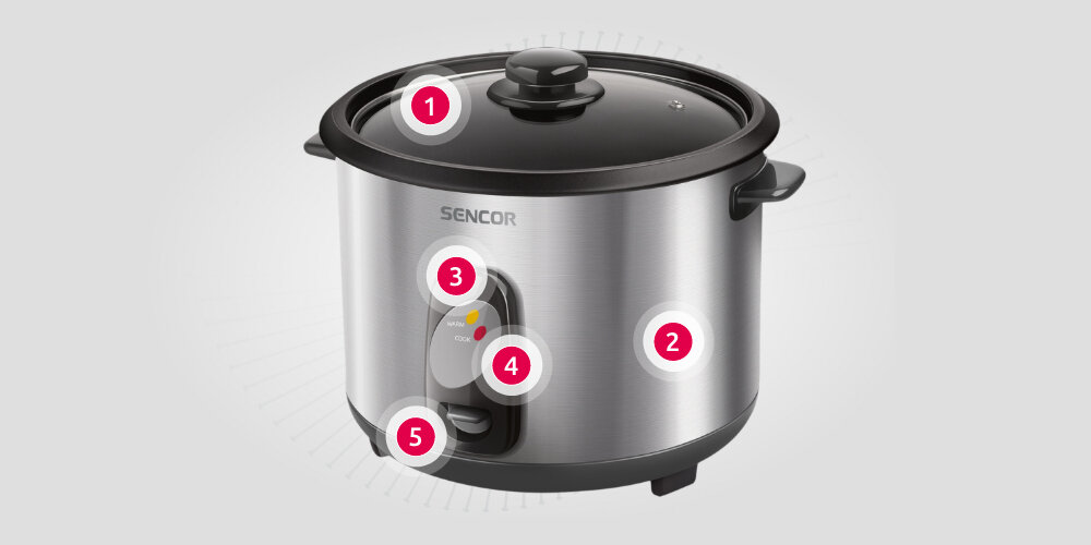 Ryżowar SENCOR SRM 2800SS Automatyczne gotowanie pokrywka uchwyt otwór wyjmowane naczynie Kontrolka świetlna KEEP WARM Kontrolka świetlna COOK Przełącznik trybów pracy