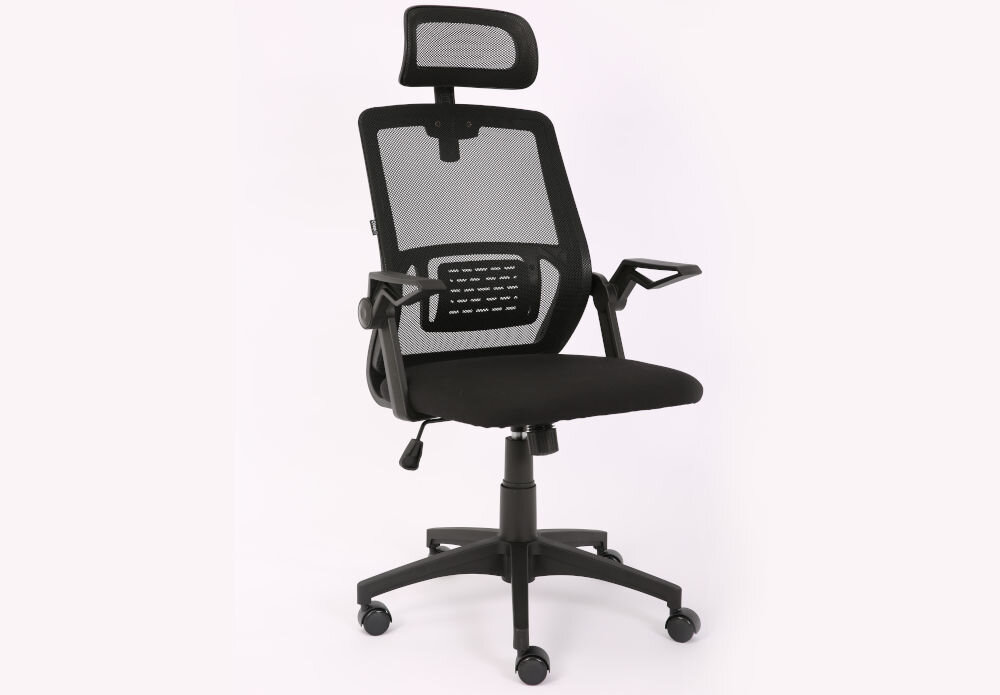 Fotel COBRA Office One HF301BK Czarny prezentacja fotela na jasnym tle od przodu pod kątem wymiary regulowana wysokość wygoda codziennego użytkowania wsparcie pleców