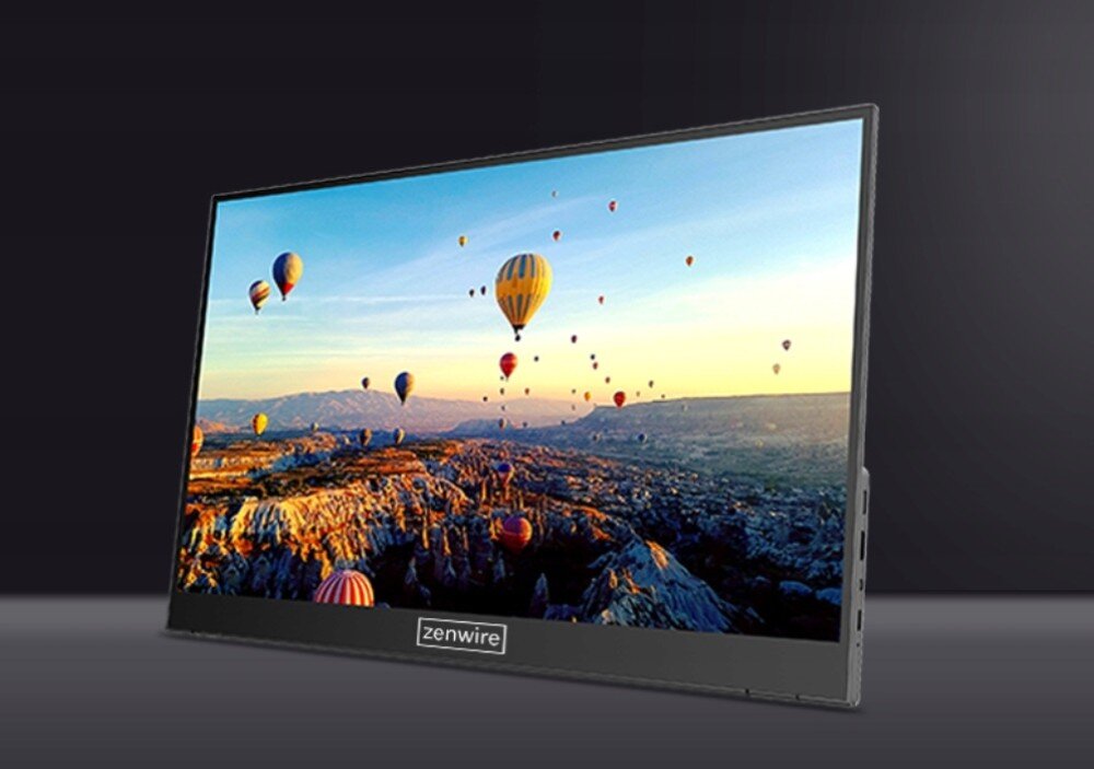 Monitor ZENWIRE M8 Ekran monitora wyświetlający krajobraz z wieloma kolorowymi balonami na tle gór i nieba o zachodzie słońca, opis