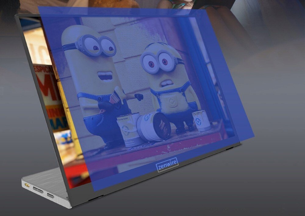Monitor ZENWIRE M8 Monitor z wyświetlonym obrazem animowanych postaci w kolorze żółtym z niebieskimi strojami, matryca IPS, przekątna, rozdzielczość, HDR