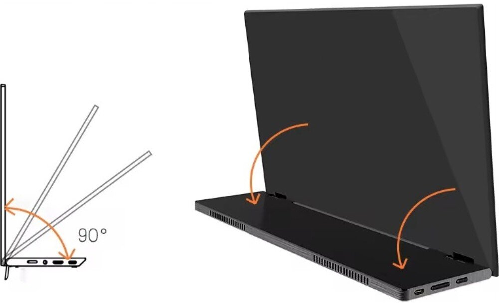 Monitor ZENWIRE M8 Schemat i widok monitora pokazujące regulację kąta nachylenia podstawki, podstawka, ergonomia, obudowa