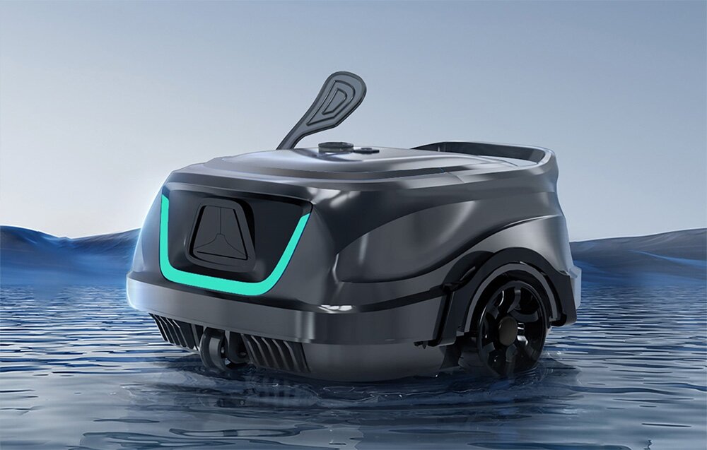 Robot do czyszczenia basenów WYBOT A1, skuteczne, interwencja, napęd, filtracja, na niebieskim tle wraz z wizualizacją fal stoi robot frontem prawo skos