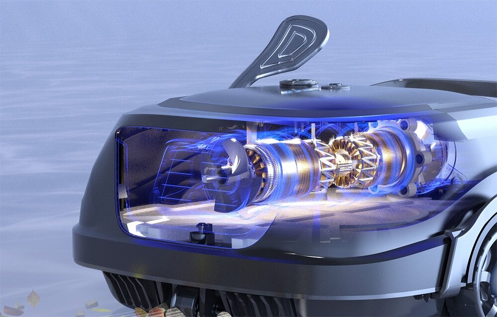 Robot do czyszczenia basenów WYBOT A1, 120 minut, wyczyszczenie, powierzchnia, kształt, na niebieskim tle robot z wizualizacją silnika w środku robota