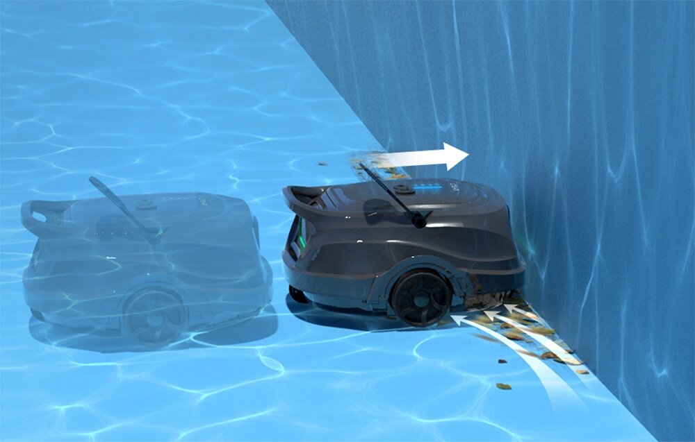 Robot do czyszczenia basenów WYBOT A1, wins edge cleaning, funkcja, krawędzie, dokładnie, na dnie basenu wizualizacja czyszczenia krawędzi basenu przez robota