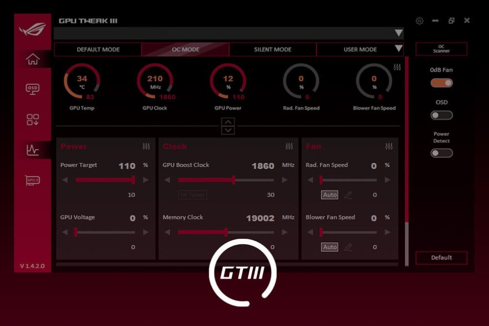 Karta graficzna ASUS TUF Gaming GeForce RTX 5070 Ti White OC Edition 16GB Interfejs oprogramowania GPU Tweak III w ciemnej kolorystyce z czerwonymi wskaźnikami parametrów pracy