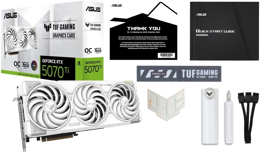 Karta graficzna ASUS TUF Gaming GeForce RTX 5070 Ti White OC Edition 16GB Zestaw sprzedażowy zawierający białe pudełko, kartę graficzną oraz akcesoria takie jak instrukcja, podziękowanie i rzep