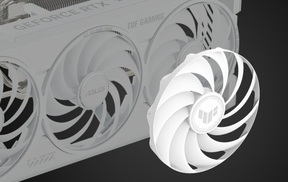 Karta graficzna ASUS TUF Gaming GeForce RTX 5070 Ti White OC Edition 16GB Trzy białe wentylatory z wysuniętym wirnikiem ukazujące ich budowę i kierunek obrotów