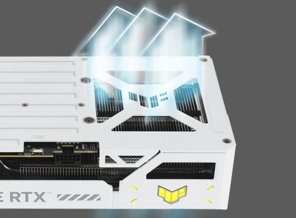 Karta graficzna ASUS TUF Gaming GeForce RTX 5070 Ti White OC Edition 16GB Biała karta graficzna z niebieskimi strzałkami ilustrującymi przepływ powietrza przez tylną płytę