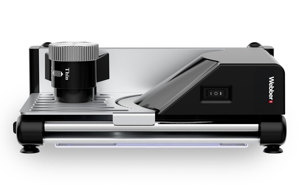 Krajalnica WEBBER Scharf JZE002 obudowa INOX, odporność na uszkodzenia, stabilna na blacie, większe bezpieczeństwo