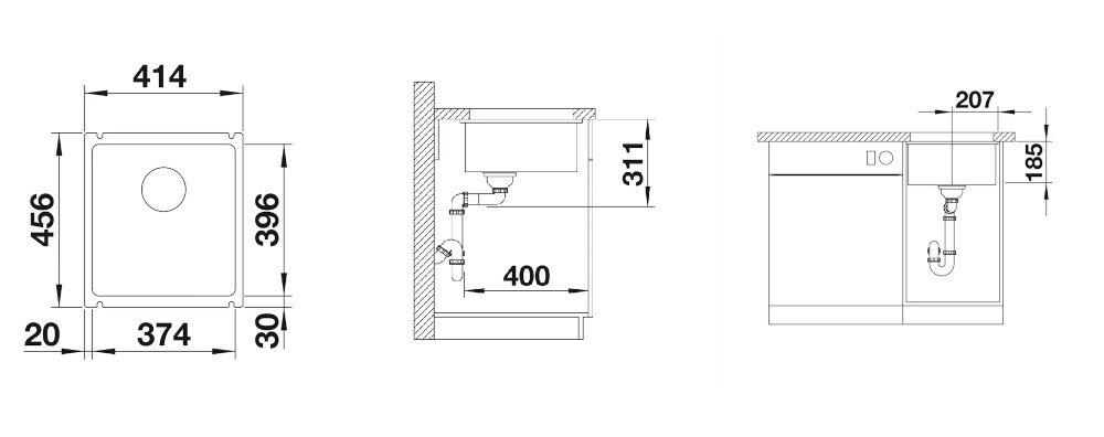 ZLEWOZMYWAK BLANCO Subline 375-U 523731 wymiary Głębokość szerokość komora szerokość podbudowy Odpływ zawór