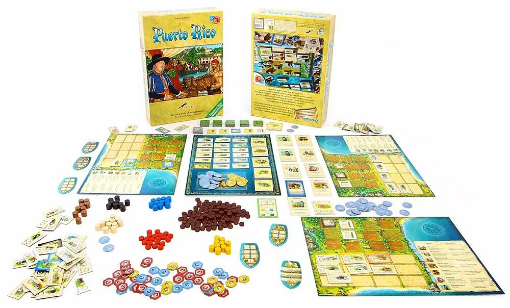 Gra planszowa LACERTA Puerto Rico elementy zabawa granie zasady pionki plansza 