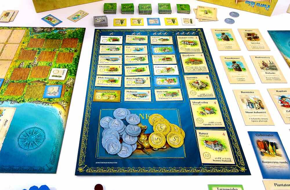 Gra planszowa LACERTA Puerto Rico elementy zabawa granie zasady pionki plansza 