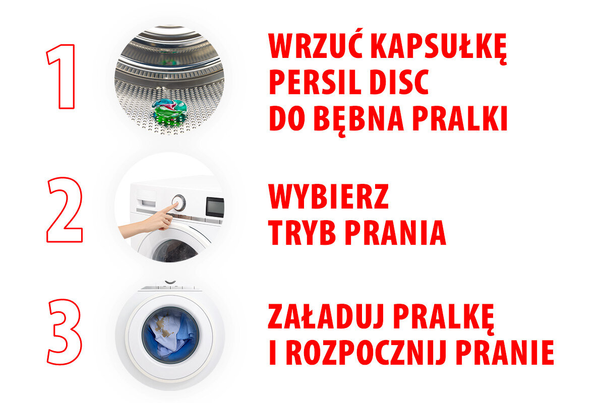 Obraz przedstawia trzy kroki prania z użyciem kapsułek Persil Disc. Tekst: \'1. Wrzuć kapsułkę Persil Disc do bębna pralki, 2. Wybierz tryb prania, 3. Załaduj pralkę i rozpocznij pranie\'.