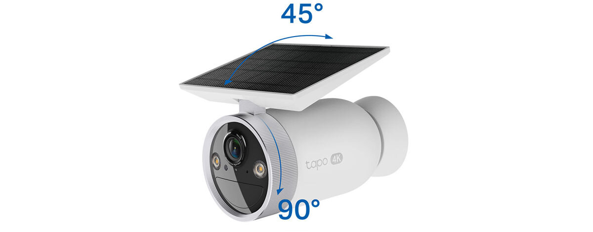 Kamera TP-LINK Tapo C465 Zewnętrzna, Wi-Fi, Montaż, regulacja, instalacja, wygoda, Ilustracja zakresu regulacji kamery i panelu solarnego.