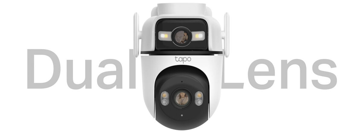 Kamera TP-LINK Tapo C545D Zewnętrzna, Wi-Fi / LAN, Podwójna, optyka, 2K, widok, Biała kamera z dwoma obiektywami na jasnym tle.