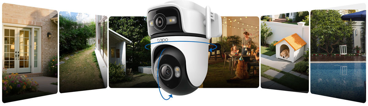 Kamera TP-LINK Tapo C545D Zewnętrzna, Wi-Fi / LAN, Patrol, trasa, monitoring, automatyka, Panorama ogrodu złożona z kilku ujęć kamery.
