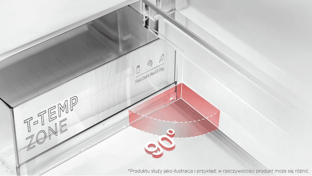 LODÓWKA TCL RP382BXD0 Strefa T‑Temp Zone ustawiona na 0°C – do przechowywania mięsa i ryb. Grafika pokazuje stabilne warunki chłodzenia drzwi 90 stopni wygodne otwieranie lodówki do zabudowy blisko ściany