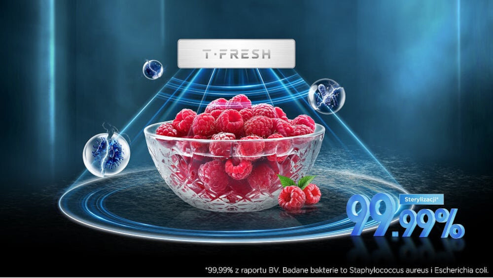 LODÓWKA TCL RP382BXD0 Funkcja T‑Fresh prezentowana na tle owoców z oznaczeniem sterylizacji 99,99%. Grafika wskazuje eliminację bakterii i zachowanie świeżości produktów Technologia T-Fresh eliminacja bakterii jony cząsteczki higiena dezynfekcja czyste wnętrze lodówki