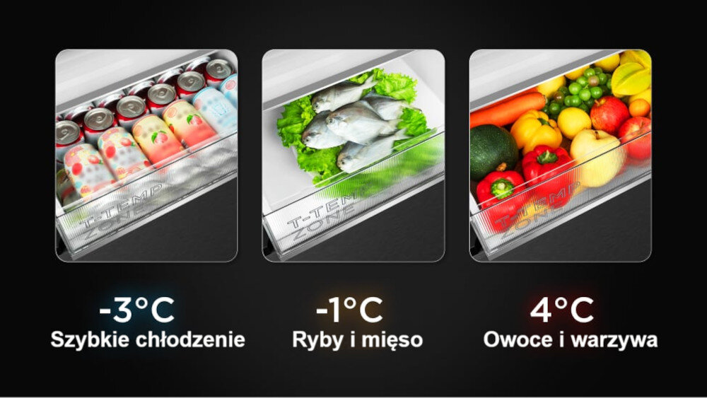 LODÓWKA TCL RP382BXD0 Szuflady chłodzące z trzema ustawieniami temperatury: −3°C, −1°C i 4°C. Każda strefa przeznaczona jest do innego rodzaju żywności funkcja T‑Temp szybki wybór temperatury optymalne warunki żywności
