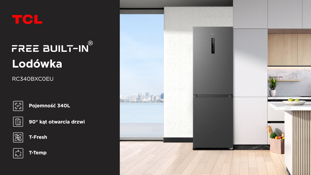 LODÓWKA TCL RC340BXC0EU Na grafice widoczna jest lodówka TCL z opisem kluczowych funkcji, takich jak T‑Fresh i T‑Temp. Obok przedstawiono eleganckie wnętrze kuchni z widokiem na wodę