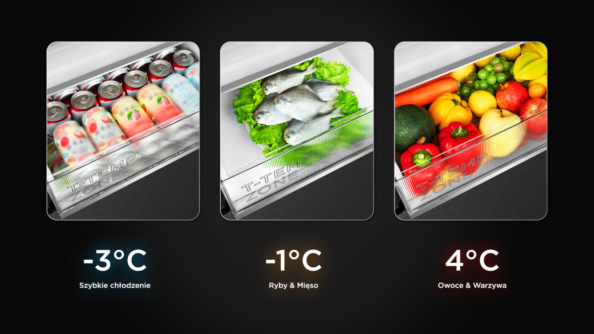 LODÓWKA TCL RC340BXC0EU Zdjęcie prezentuje trzy strefy chłodzenia z różnymi temperaturami: napoje, ryby i mięso oraz owoce i warzywa. Kolorowe ilustracje podkreślają precyzyjne dostosowanie warunków przechowywania funkcja T-Temp temperatura dla ryb mięsa warzyw owoców dłuższa świeżość