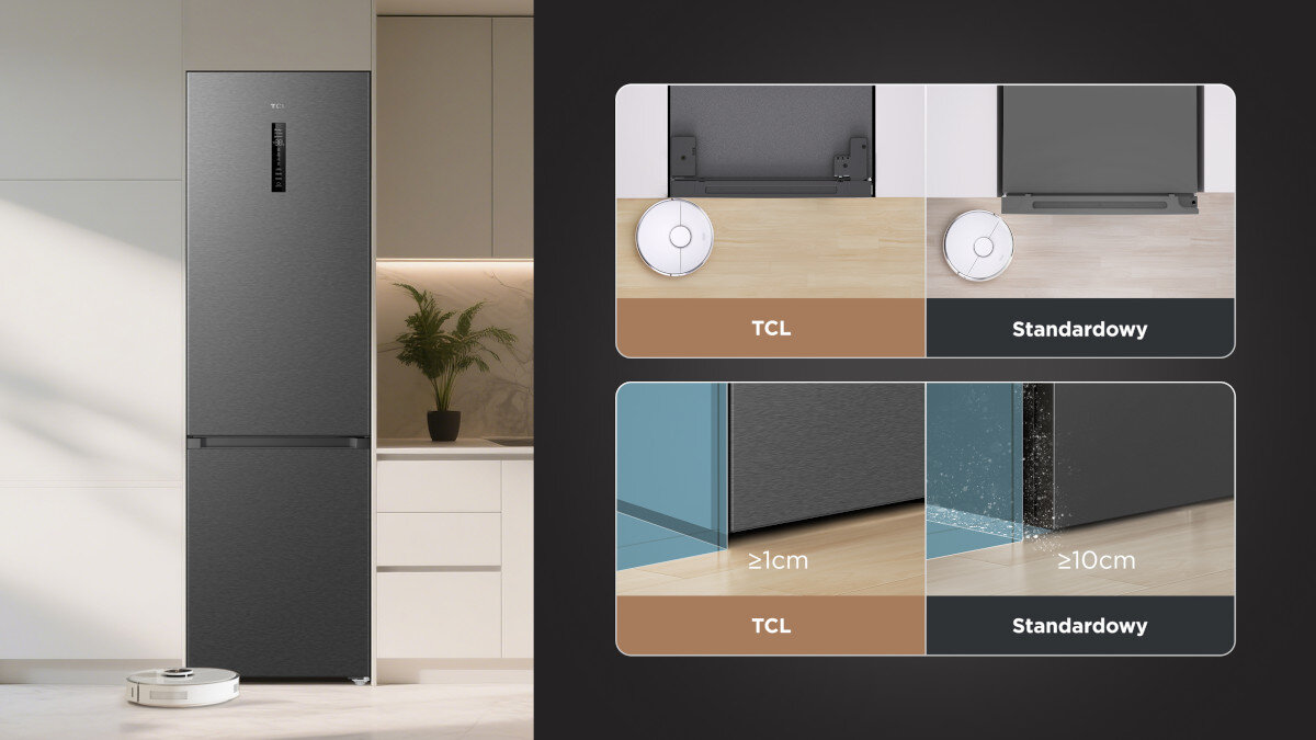 LODÓWKA TCL RC340BXC0EU Po lewej stronie stoi lodówka w stylowym wnętrzu, a po prawej pokazano porównanie wysokości i możliwości dojazdu robota sprzątającego. Grafika wyróżnia przewagę modelu TCL nad standardowymi konstrukcjami model do zabudowy kuchennej konstrukcja harmonijne dopasowanie styl wygląd elegancja
