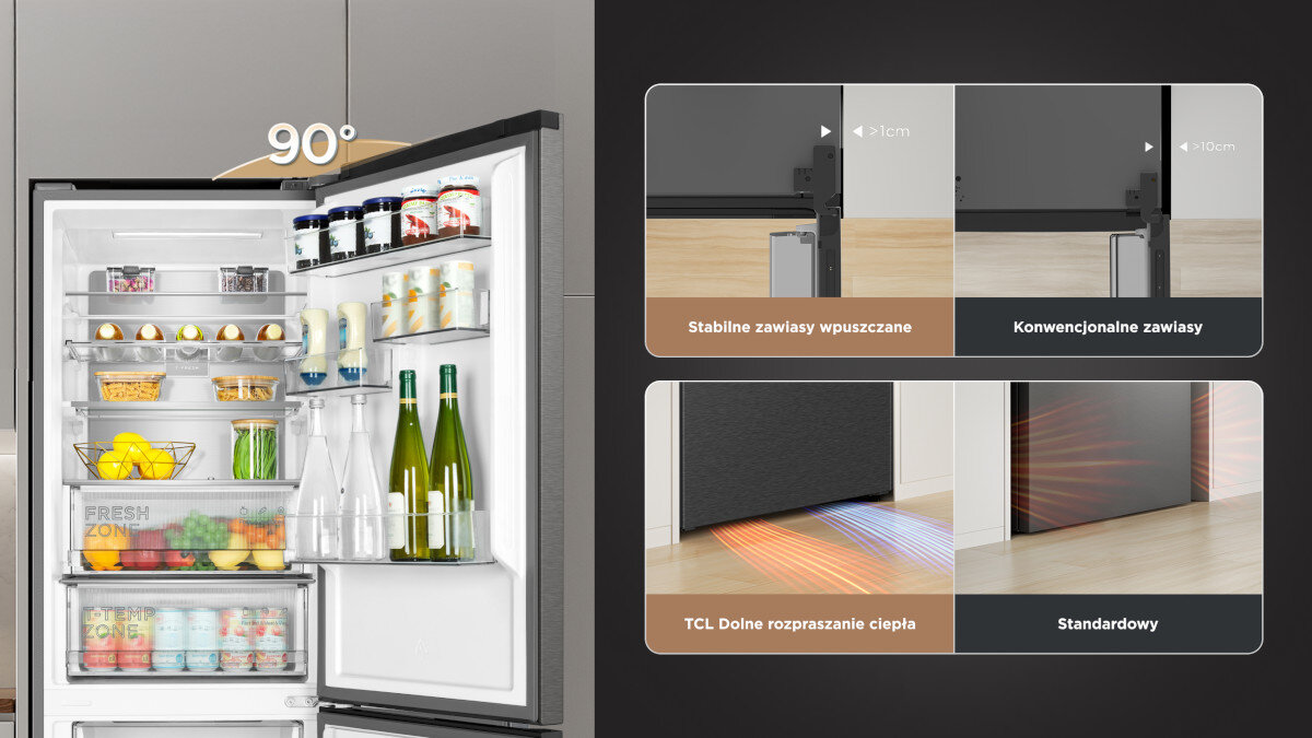 LODÓWKA TCL RC340BXC0EU Otwarta lodówka ustawiona jest w zabudowie z wyraźnie oznaczonym kątem otwarcia drzwi 90°. Obok znajduje się porównanie zawiasów oraz systemu rozpraszania ciepła w modelu TCL drzwi lodówki otwarcie 90 stopni
