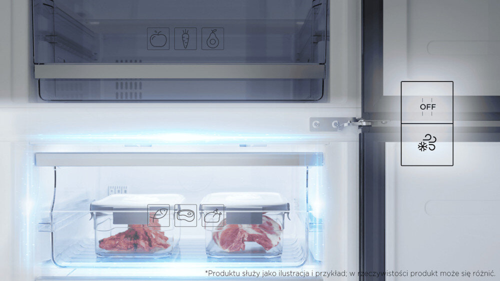 LODÓWKA TCL RF207TWE1 Dolna komora lodówki pokazana jest z włączonym trybem przechowywania produktów wymagających niższej temperatury. Ikony wskazują odpowiednie ustawienia dla mięsa i ryb tryb wakacyjny oszczędność  energii