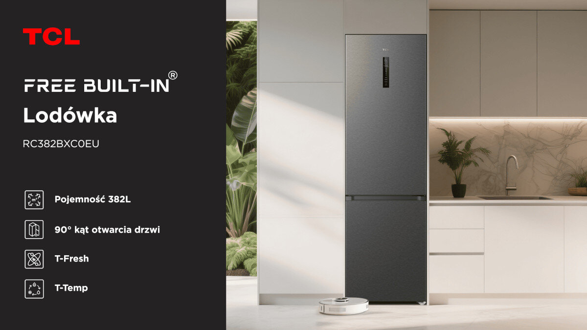 LODÓWKA TCL RC382BXC0EU Na grafice widoczna jest lodówka TCL z opisem kluczowych funkcji, takich jak T‑Fresh i T‑Temp. Obok przedstawiono eleganckie wnętrze kuchni z widokiem na wodę