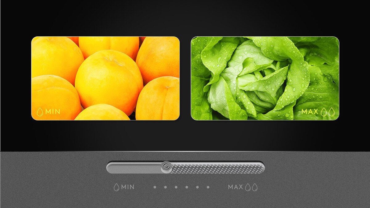 LODÓWKA TCL RC382BXC0EU Zdjęcie pokazuje dwa rodzaje produktów spożywczych z różnym poziomem wilgotności. Suwak poniżej wskazuje możliwość regulacji nawilżenia w szufladzie lodówki szuflada fresh box regulacja suwak wilgotności poziom warzywa owoce