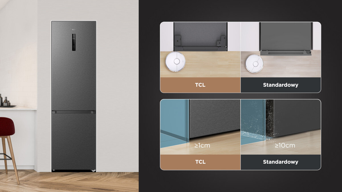 LODÓWKA TCL RC382BXC0EU Po lewej stronie stoi lodówka w stylowym wnętrzu, a po prawej pokazano porównanie wysokości i możliwości dojazdu robota sprzątającego. Grafika wyróżnia przewagę modelu TCL nad standardowymi konstrukcjami model do zabudowy kuchennej konstrukcja harmonijne dopasowanie styl wygląd elegancja