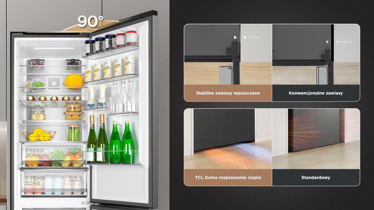 LODÓWKA TCL RC382BXC0EU Otwarta lodówka ustawiona jest w zabudowie z wyraźnie oznaczonym kątem otwarcia drzwi 90°. Obok znajduje się porównanie zawiasów oraz systemu rozpraszania ciepła w modelu TCL drzwi lodówki otwarcie 90 stopni