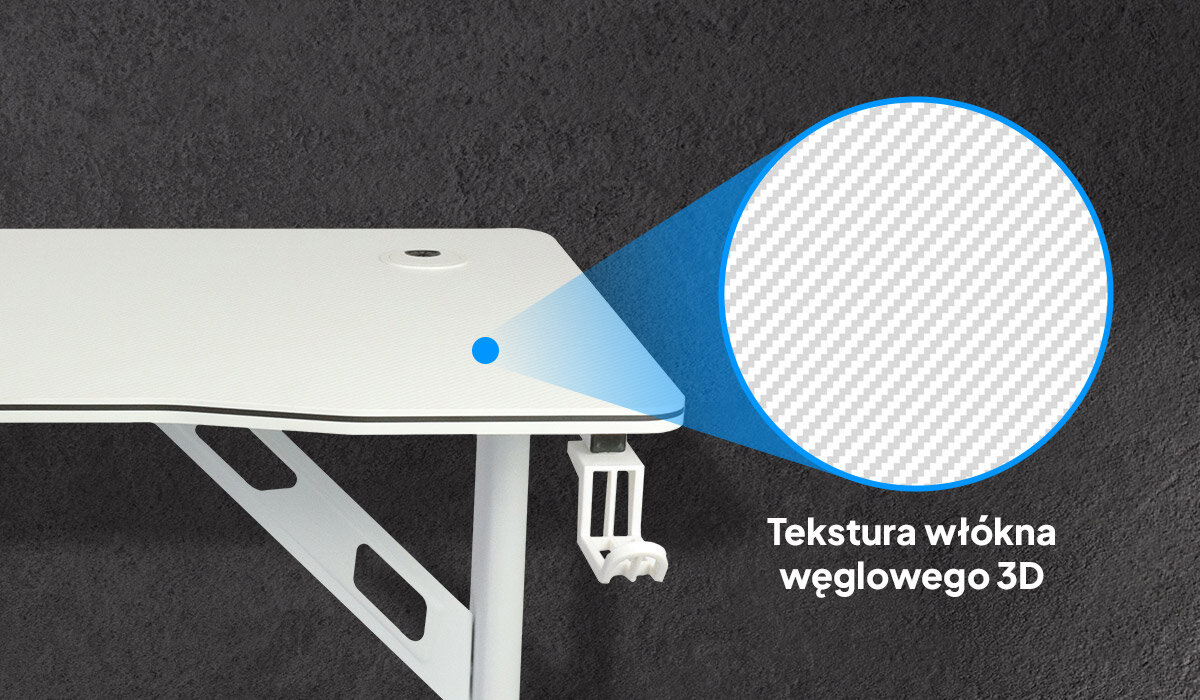 Białe biurko z otworem na przewody, zbliżenie na teksturę włókna węglowego 3D. Tekst na obrazie: \'Tekstura włókna węglowego 3D\'.