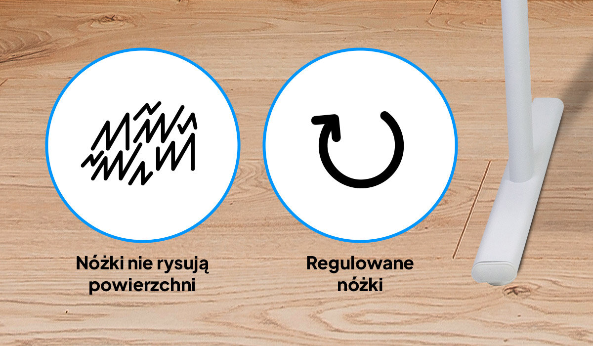 Obraz przedstawia dwie ikony na drewnianym tle. Pierwsza ikona z napisem \'Nóżki nie rysują powierzchni\', druga z napisem \'Regulowane nóżki\'.