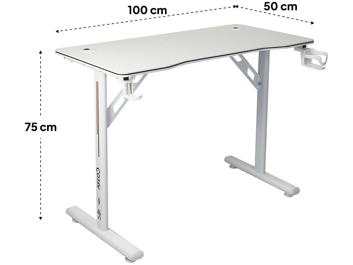Białe biurko gamingowe z uchwytem na kubek i słuchawki, o wymiarach 100 cm x 50 cm x 75 cm. Na nodze widoczny jest napis \'COBRA\'.