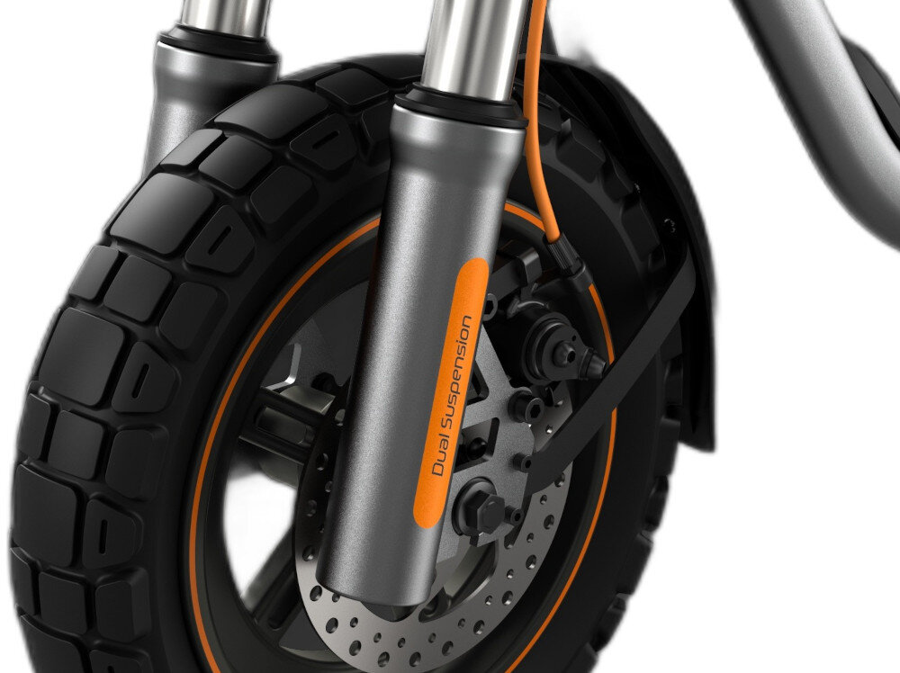 Hulajnoga elektryczna XIAOMI Electric Scooter 6 Pro 70km 400W 2 amortyzatory 12 cali Czarny zbliżenie na przednie koło koła bezdętkowe o średnicy 12 cali niskim oporem toczenia duża przyczepność do podłoża bardzo dobrze absorbują wstrząsy i nierówności terenu opony są odporne na przebicia i nie wymagają konserwacji